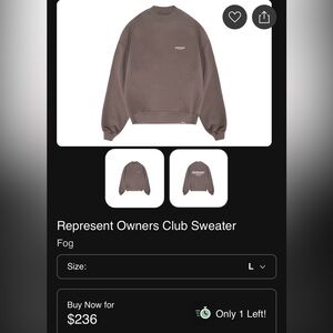 Represent Men's Owner’s Club Crewneck Sweatshirt in Fog L NWOT